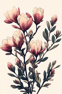 手绘粉色玉兰花枝