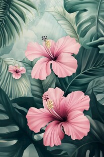 粉色扶桑花与绿叶的梦幻组合