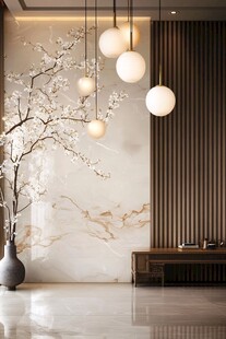 中式客厅禅意插花与吊灯