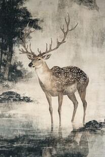 水墨中伫立的优雅梅花鹿