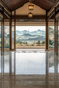 中式长廊赏山水美景