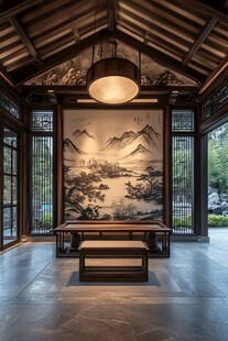 中式雅室 山水壁画与灯具