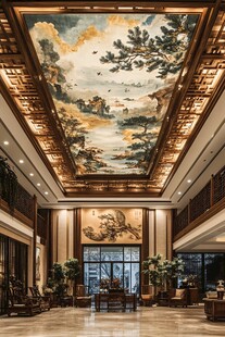 中式大厅精美彩绘天花板