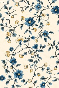 蓝黄花卉复古风无缝图案