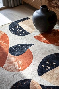 几何图案地毯上的黑色花瓶