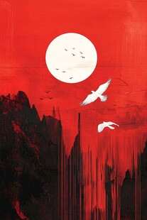 红色天际飞鸟与山峦景观