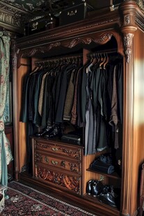 复古实木衣柜内的衣物陈列