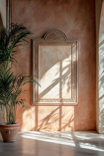 复古墙镜旁的绿植光影