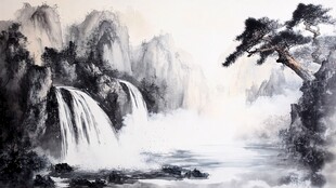 水墨山水间的瀑布与孤松