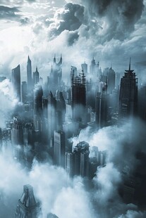 云雾中的未来都市景观