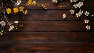 木质背景上的缤纷花枝