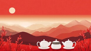 山间红日下的雅致茶具