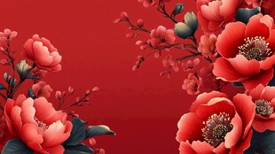 喜庆红底盛开艳丽花朵