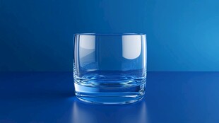 蓝色背景上的透明玻璃杯