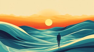 漫步于落日海浪间的身影