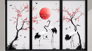 中式花鸟鹤红日三联装饰画