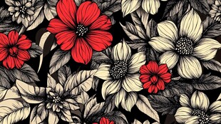 黑底花卉图案 红白花绽放