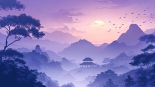 日暮山林中的古风楼阁