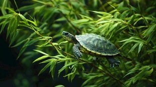 乌龟栖息于翠绿竹枝上