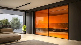 现代客厅的橙色玻璃推拉门