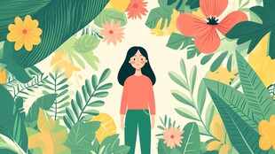 女孩置身缤纷花草间