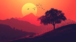 落日下的孤树与飞鸟美景