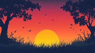 黄昏树影下的静谧日落景象