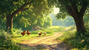 田园小径上的悠闲鸡群