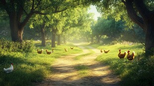 林间小道上的鸡群漫步