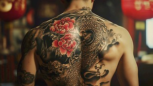 背部龙与牡丹霸气纹身