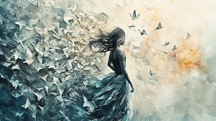 少女与纷飞纸鸟的梦幻场景