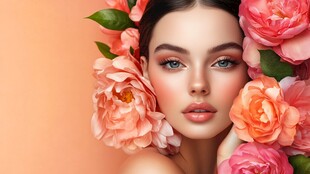 娇艳花卉环绕的美丽佳人