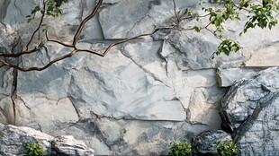 岩石墙面与树枝绿植景观