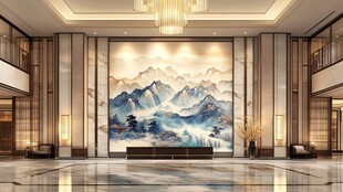 中式大堂巨幅山水壁画景观