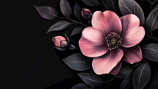 黑底粉花插画 优雅绽放