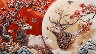 双鹿瑞景中式浮雕艺术图