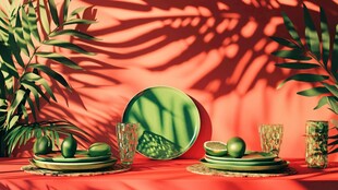 绿盘配绿植的温馨餐桌