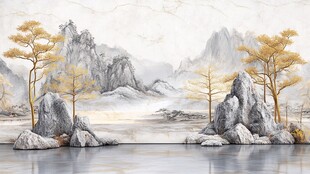 水墨山水间的金黄松岩景致