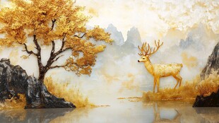 金色旷野中的鹿与孤树