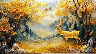 金秋山林中的梦幻金鹿