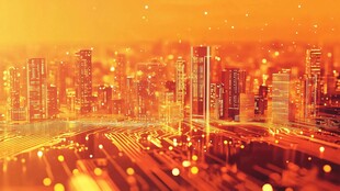 橙光璀璨的未来城市景观