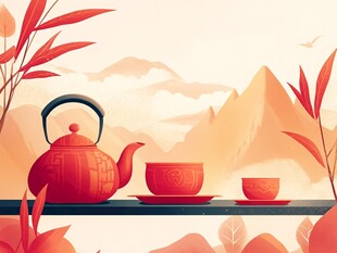 中式茶具静置于山水间