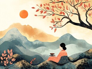 女子山间品茶赏秋景