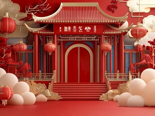 中式喜庆门楼场景设计