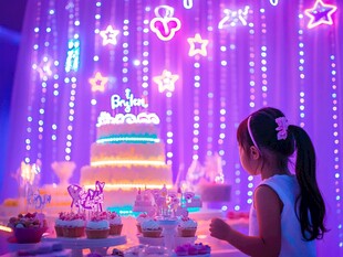 小女孩凝视梦幻生日蛋糕