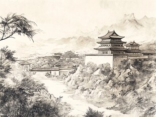 水墨古风山水建筑图景