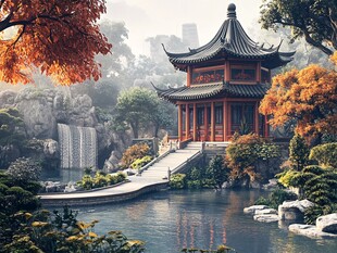 中式园林中的雅致亭阁