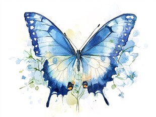 蓝色水彩蝴蝶与花卉图案