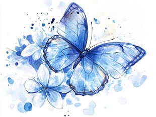 蓝蝶伴花水彩梦幻绘景