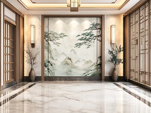 中式典雅玄关山水壁画景